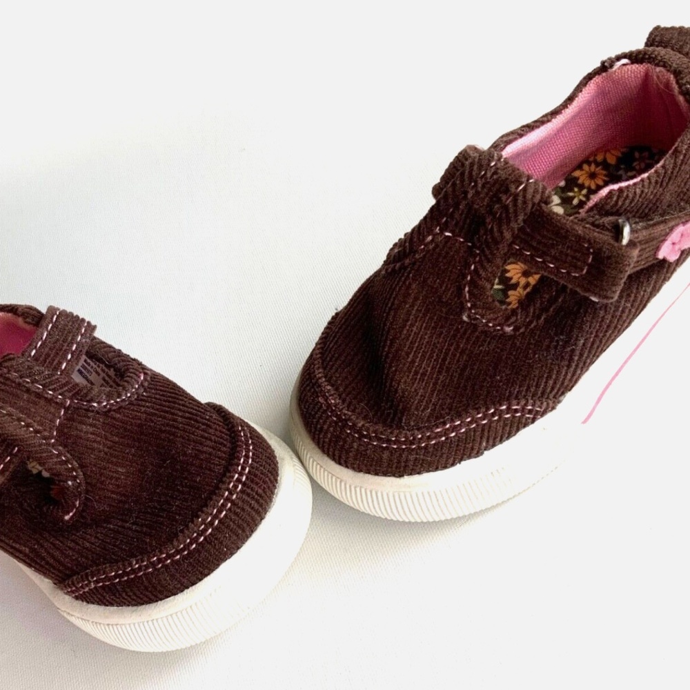 TODDLER GIRLS SIZE 2 BROWN & PINK FLOWER GAR-ANIMALS CORDUROY SHOES